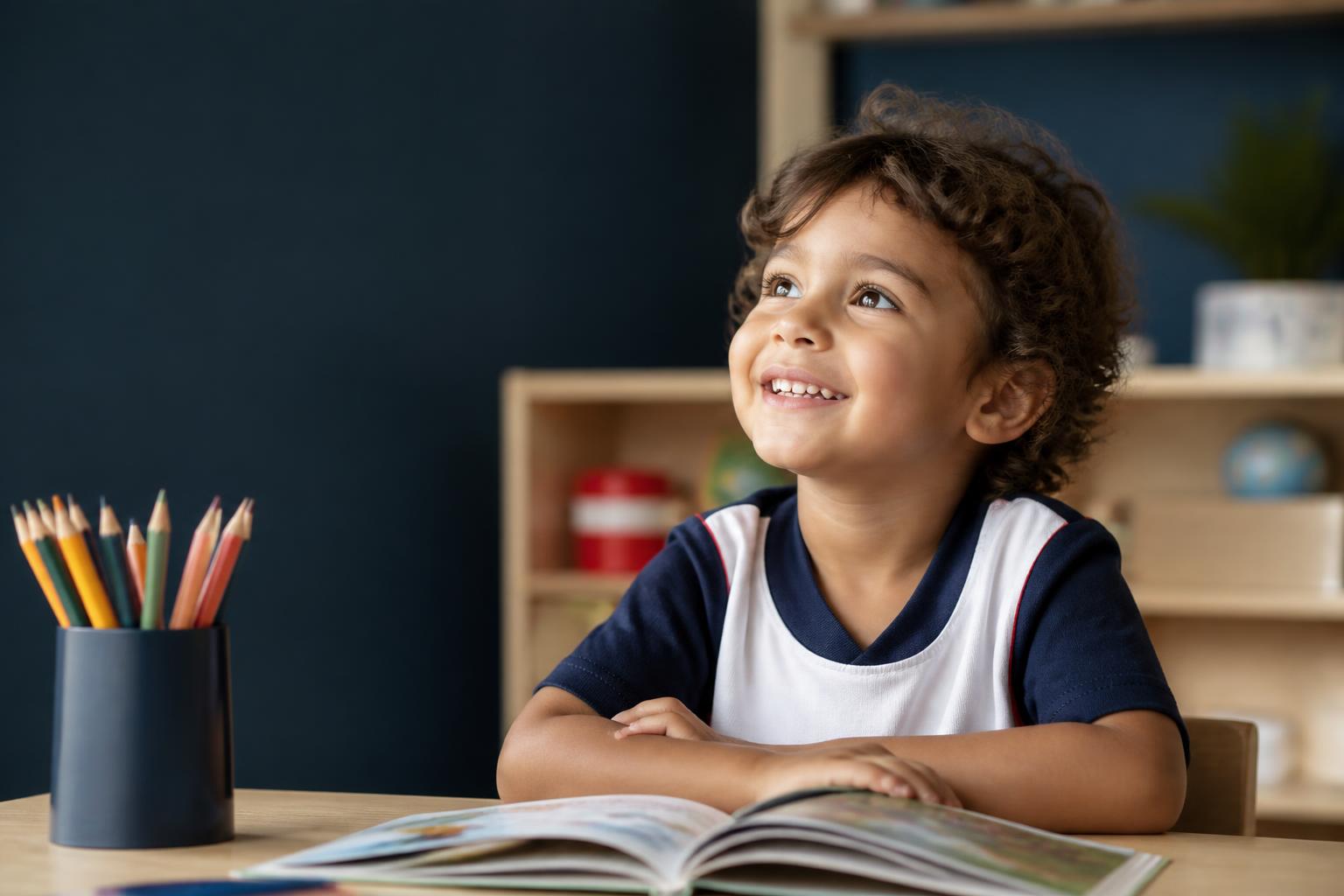 Criança feliz descobrindo histórias em um livro na escola